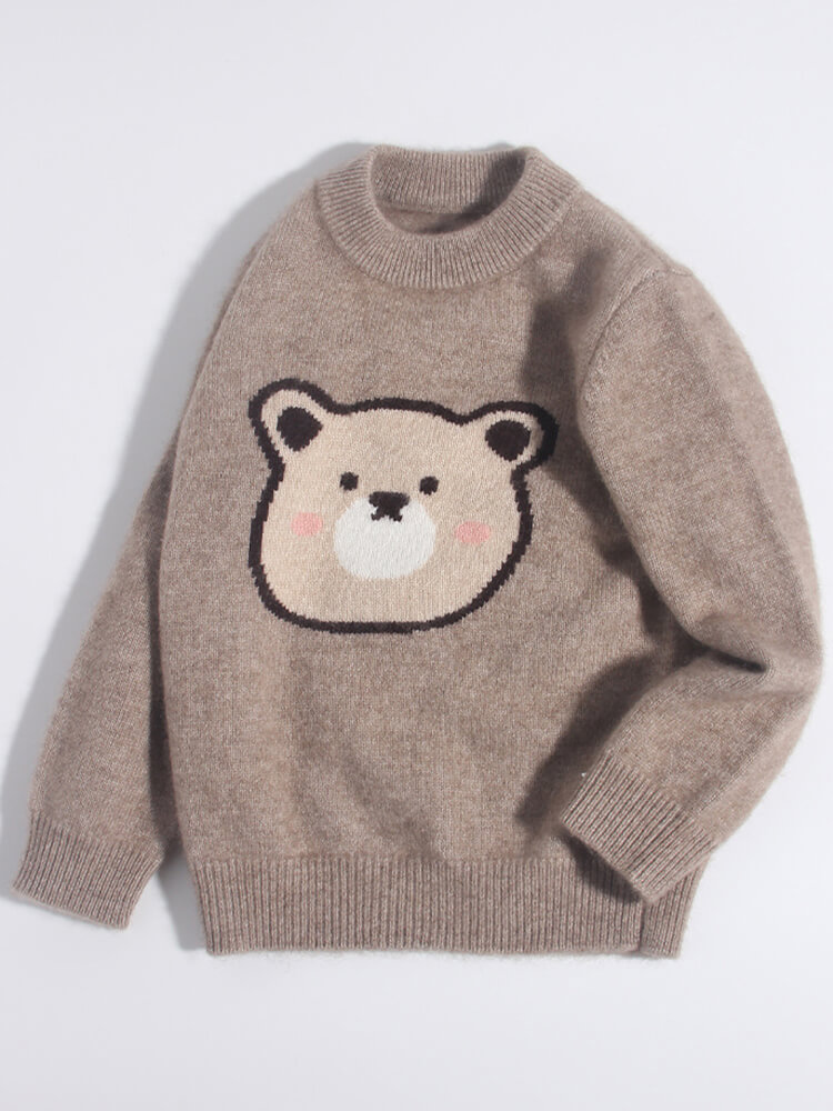 Cute Bear Face Cozy Brown Cashmere Knit Sweater for Kids